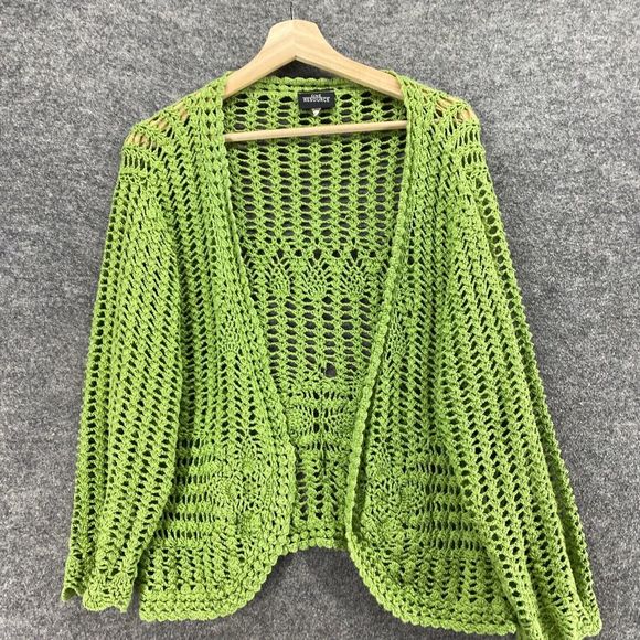 One Resource Top Women M Medium Green Crochet Open Front Long Sleeve Casual - Picture 3 of 9